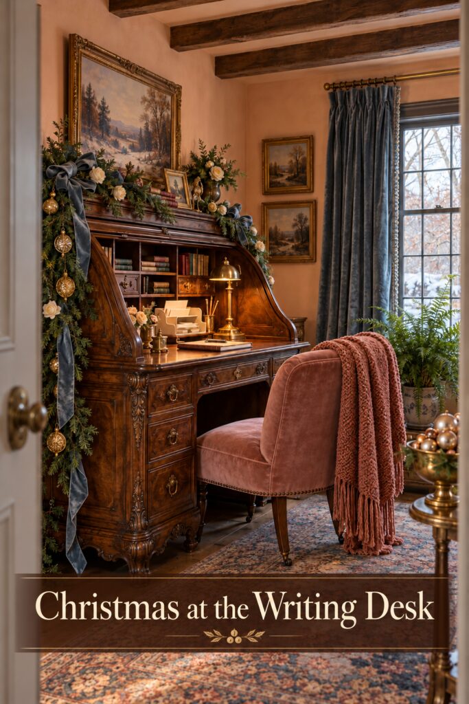 Christmas at the Writing Desk headline over carved wooden rolltop secretary edged with Christmas greenery blue velvet ribbon cream flowers and gold hanging ornaments