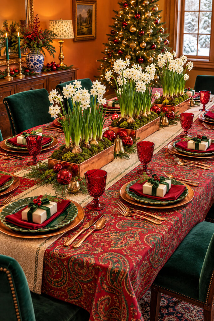 Christmas dining table with white paperwhites in three copper toned planters red goblets green plates and ribboned cream gifts