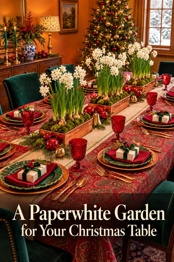 Paperwhite Christmas table garden with cream lettering reading A Paperwhite Garden for Your Christmas Table