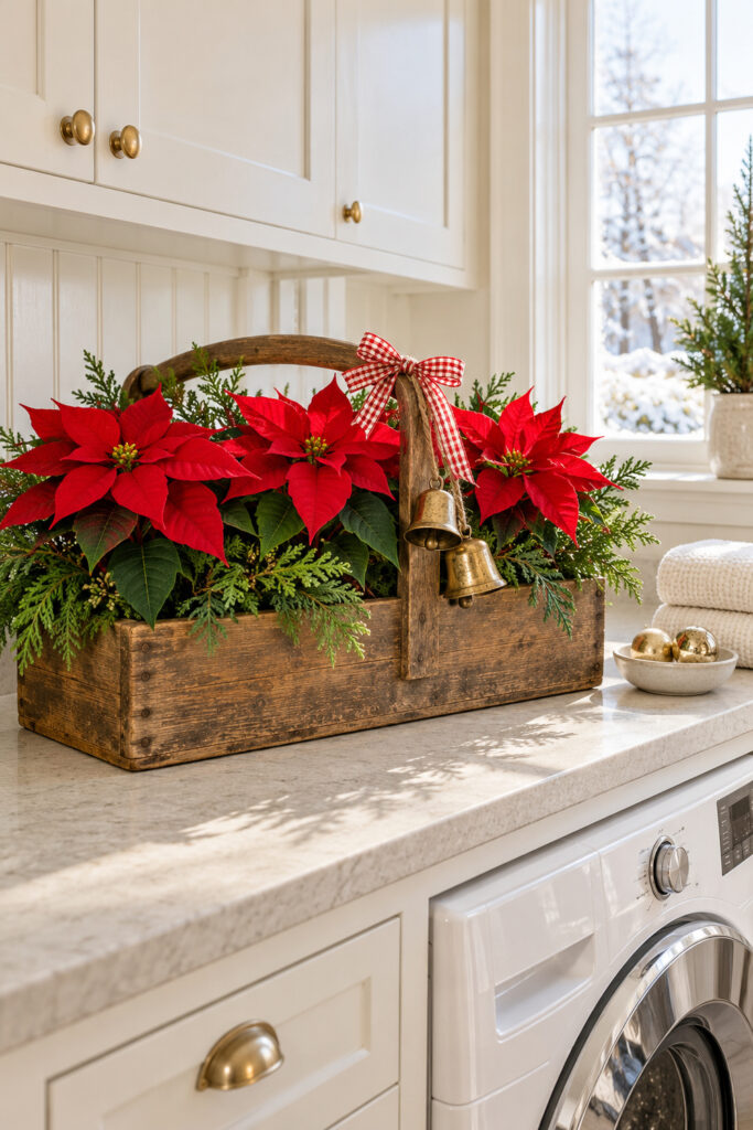 Red poinsettias and cedar shaped greenery in a wooden toolbox with gingham ribbon and brass colored bells