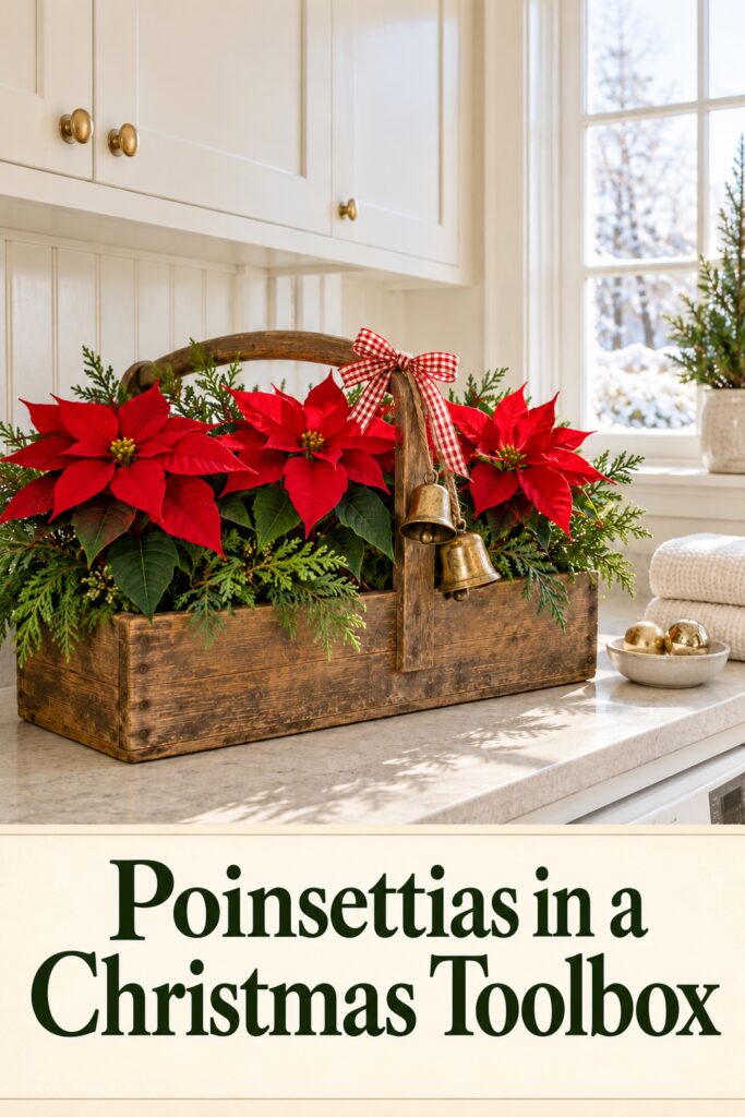 Christmas toolbox of poinsettias above a cream panel reading Poinsettias in a Christmas Toolbox