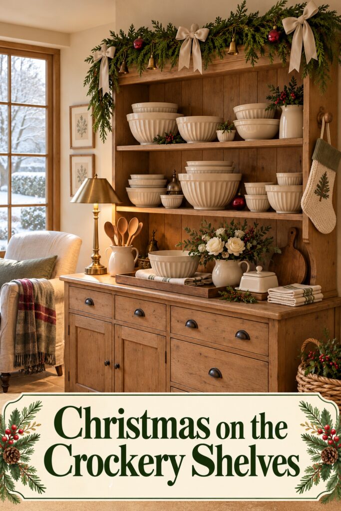 Cream bowls on a wooden hutch above a title panel reading Christmas on the Crockery Shelves