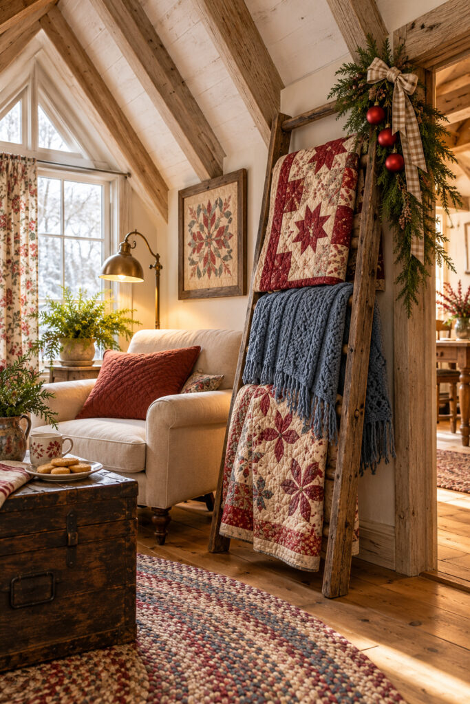 Wooden blanket ladder with Christmas quilts and a blue throw beside an armchair in a farmhouse loft