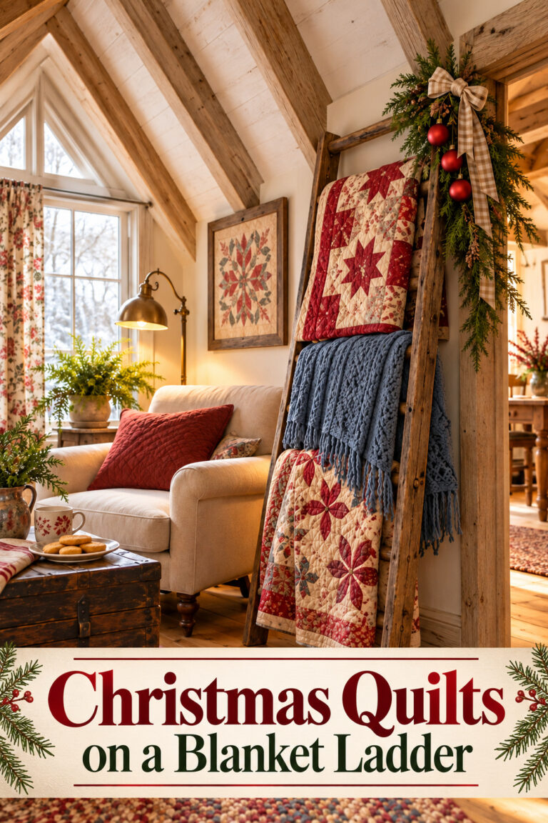 Wooden blanket ladder with Christmas quilts and a blue throw beside an armchair in a farmhouse loft with the words Christmas Quilts on a Blanket Ladder
