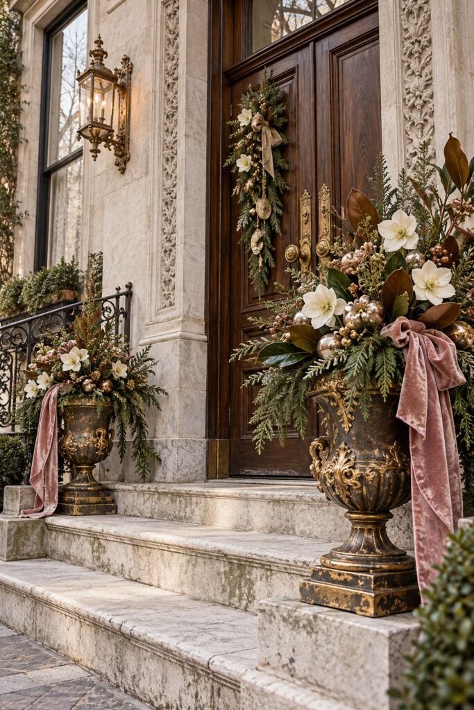 Ivory Christmas flowers magnolia leaves and evergreen branches in ornate dark urns with rose bows beside a wooden front door