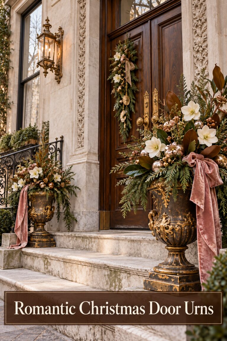 Romantic Christmas Door Urns headline over ivory Christmas flowers magnolia leaves and evergreen branches in ornate dark urns with rose bows beside a wooden front door