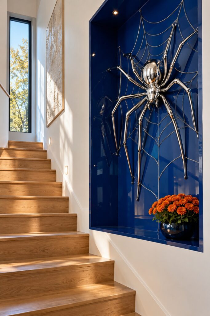 Polished silver spider on an open metallic web in a cobalt stairwell niche above orange flowers