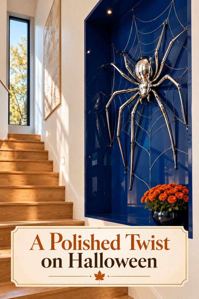 Cobalt Halloween niche with a silver spider orange flowers and the words A Polished Twist on Halloween