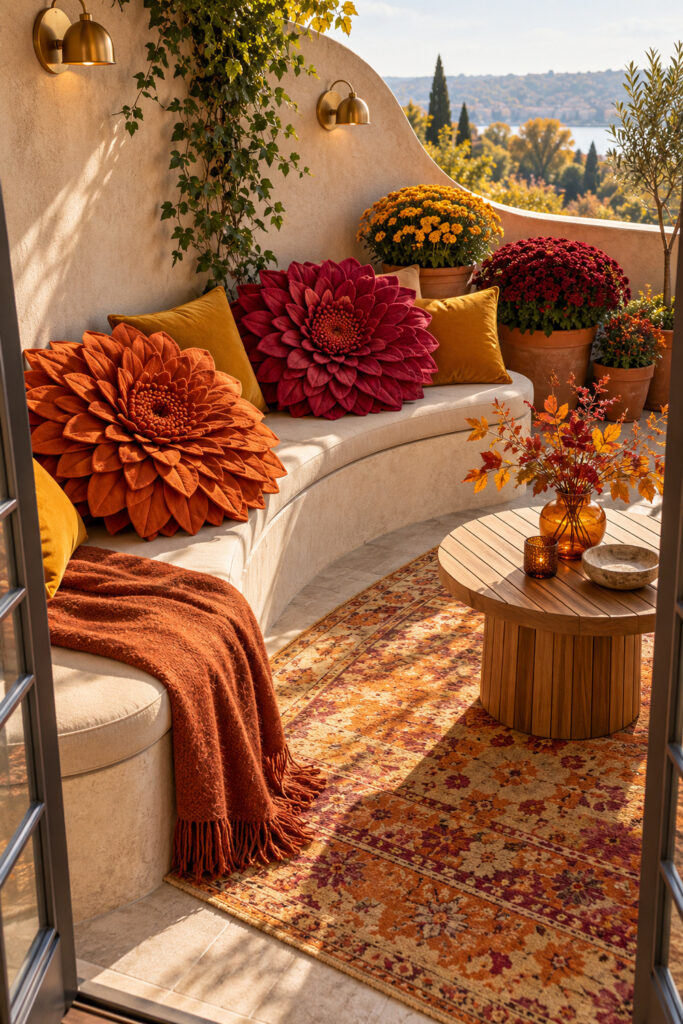 Orange and raspberry flower shaped cushions on a curved terrace bench beside pots of autumn chrysanthemums