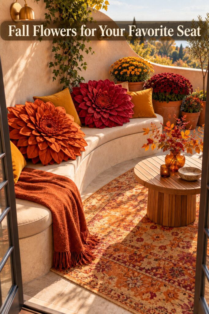 Orange and raspberry flower cushions on a fall terrace beneath a headline about a favorite seat