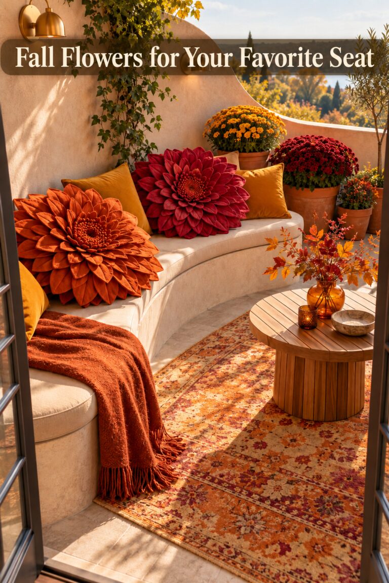 Orange and raspberry flower cushions on a fall terrace beneath a headline about a favorite seat