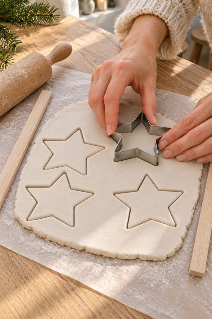 Hands cutting separate five point stars from rolled white clay with a metal cutter and rolling guides nearby