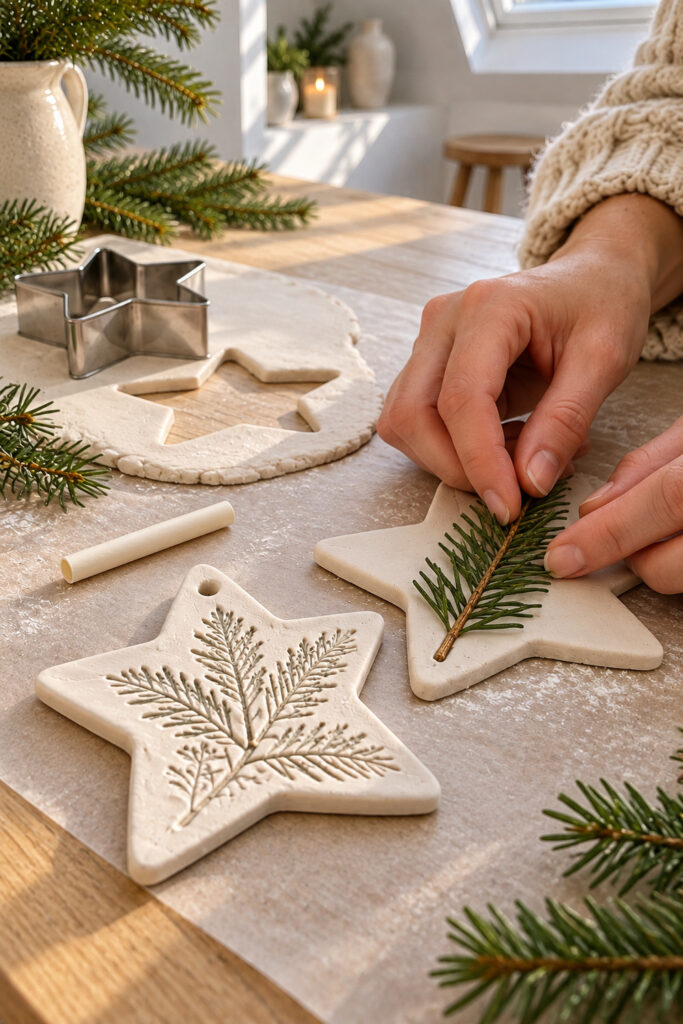 Hands pressing a removable evergreen sprig into a soft clay star beside an imprinted star with a hanging hole