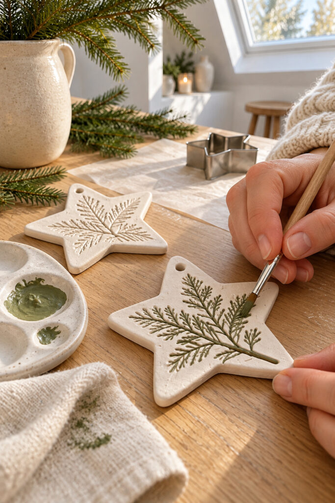 Fine brush painting muted green into botanical grooves on a dry ivory clay star beside an unpainted ornament