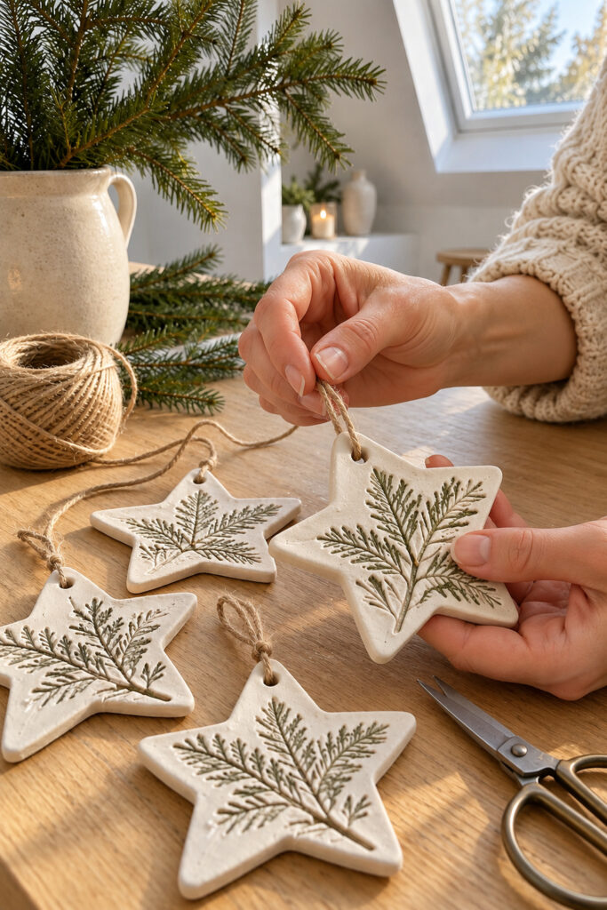 Hands threading natural twine through a finished botanical clay star beside ornaments with completed hanging loops