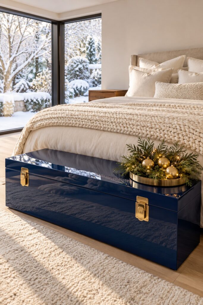 Glossy cobalt trunk with brass clasps and a gold Christmas arrangement at the foot of an ivory bed