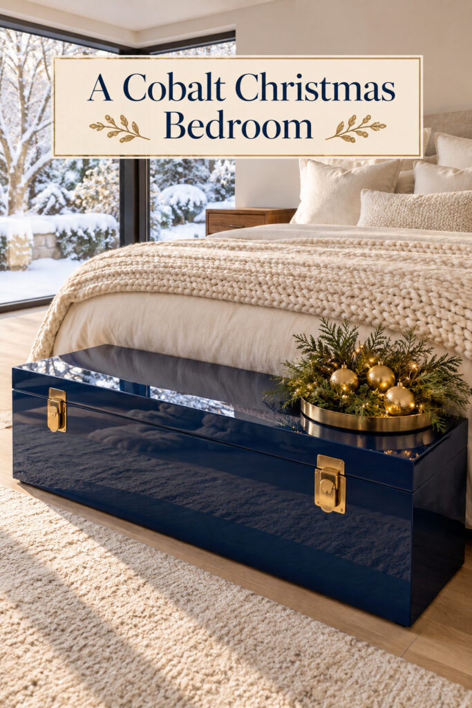 Blue trunk beside cream bedding with the words A Cobalt Christmas Bedroom