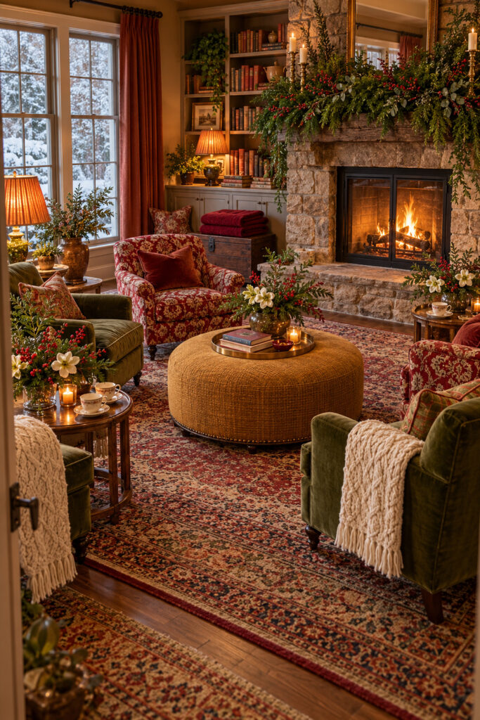 Winter hearth room with green velvet and red floral chairs around a mustard ottoman beside a stone fireplace and snowy windows