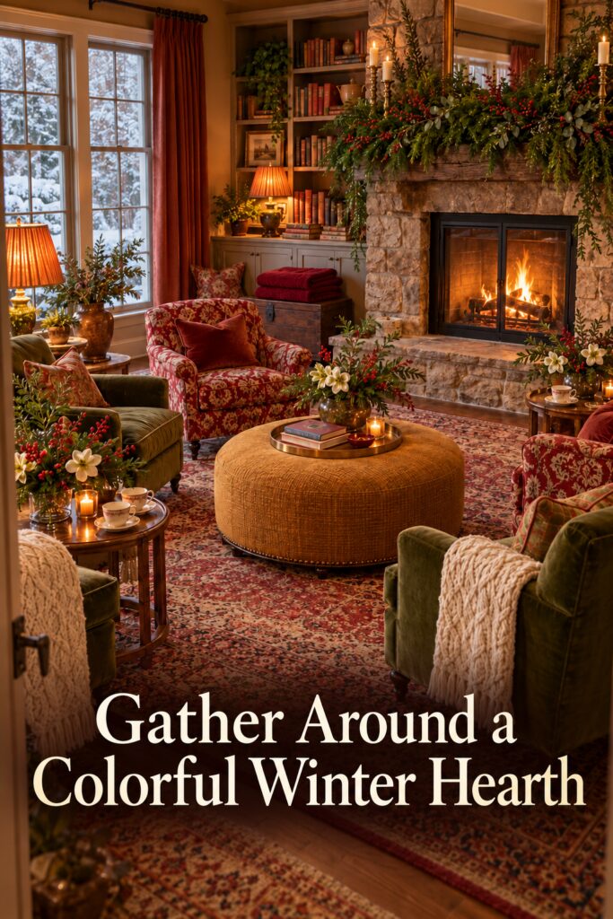 Colorful chair circle by a winter fireplace with cream lettering reading Gather Around a Colorful Winter Hearth