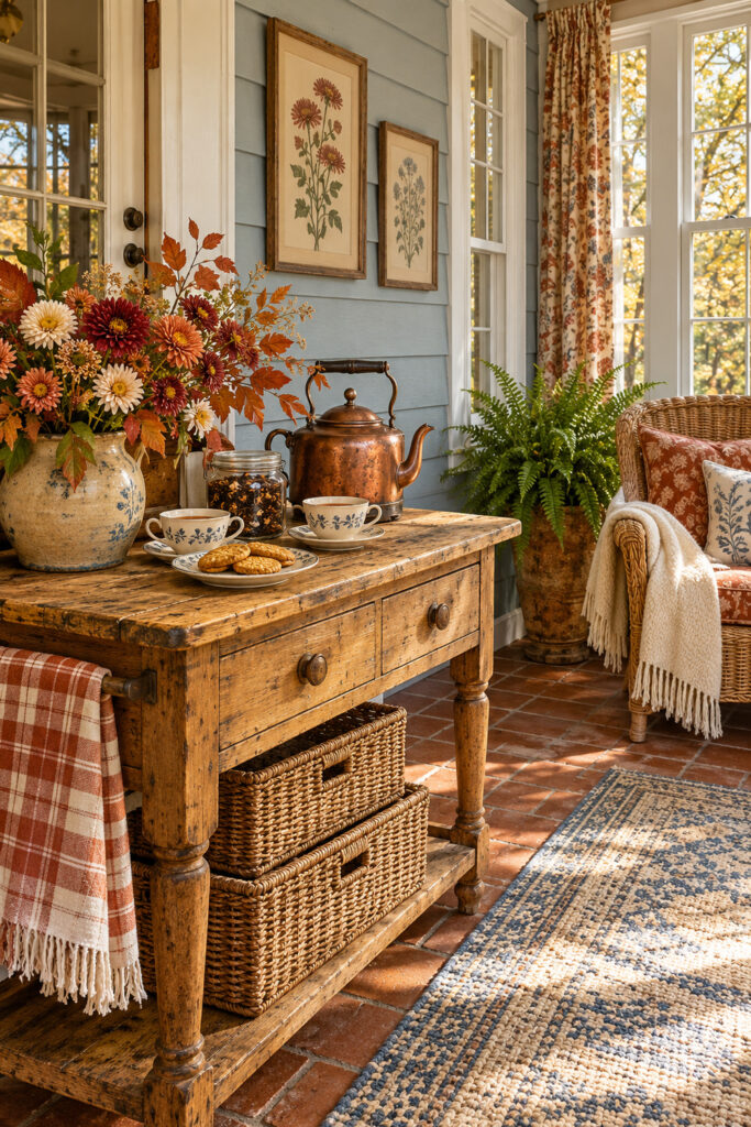 Copper kettle and blue patterned teacups beside autumn flowers on a wooden washstand against blue veranda walls