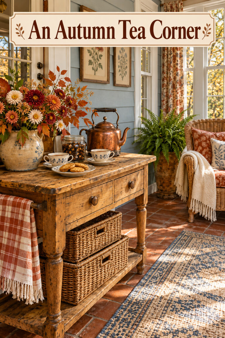 Copper kettle and blue patterned teacups beside autumn flowers on a wooden washstand against blue veranda walls with text reading An Autumn Tea Corner