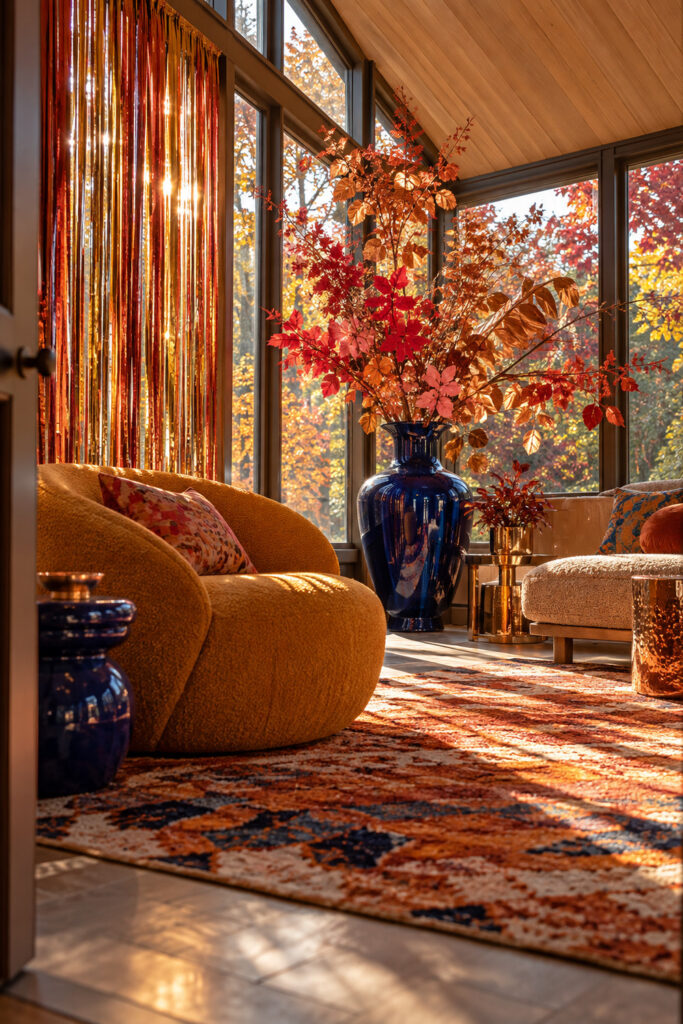 Copper coral and red autumn foliage spreading from a cobalt floor vase beside a yellow chair and metallic window fringe