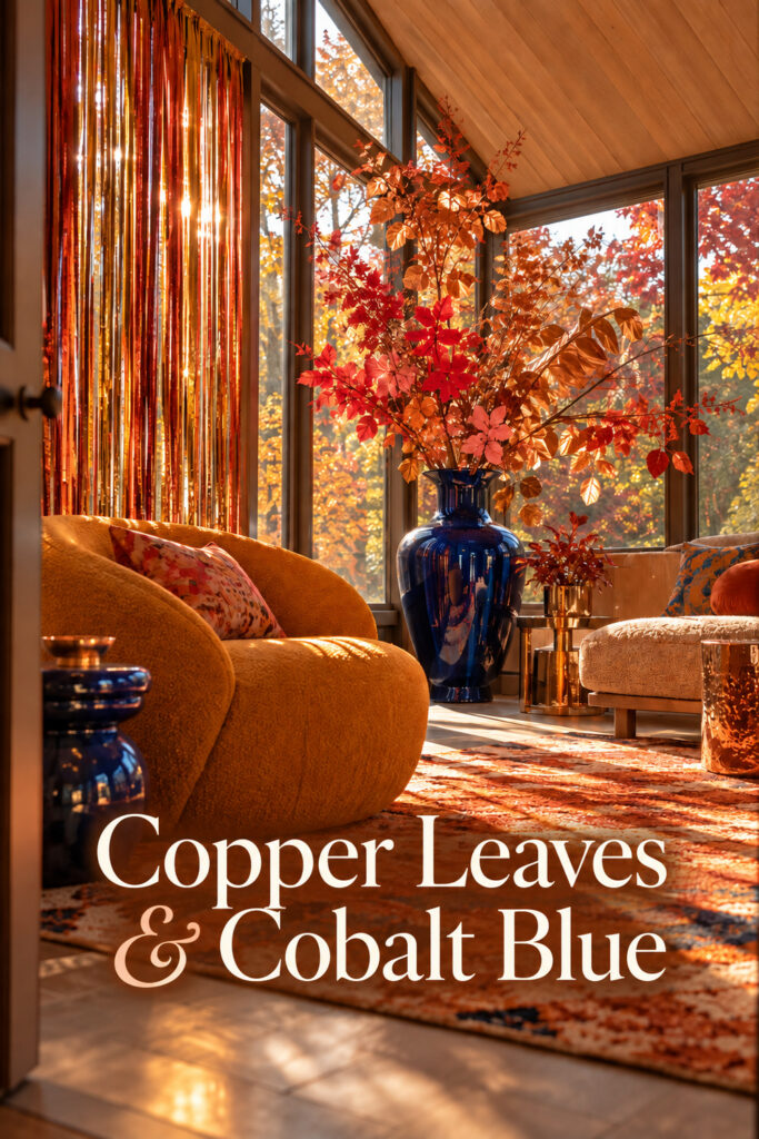 Copper Leaves and Cobalt Blue text on a sunroom scene with a tall autumn branch arrangement and saffron seating