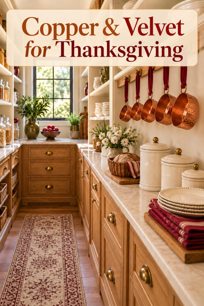 Copper Velvet for Thanksgiving headline above five hammered copper measuring cups hang from burgundy ribbons in an ivory and oak pantry above canisters bread and stacked plates beside a rear window