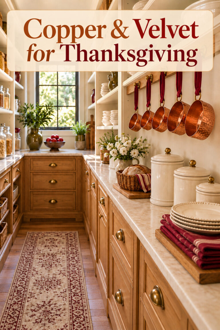 Copper Velvet for Thanksgiving headline above five hammered copper measuring cups hang from burgundy ribbons in an ivory and oak pantry above canisters bread and stacked plates beside a rear window