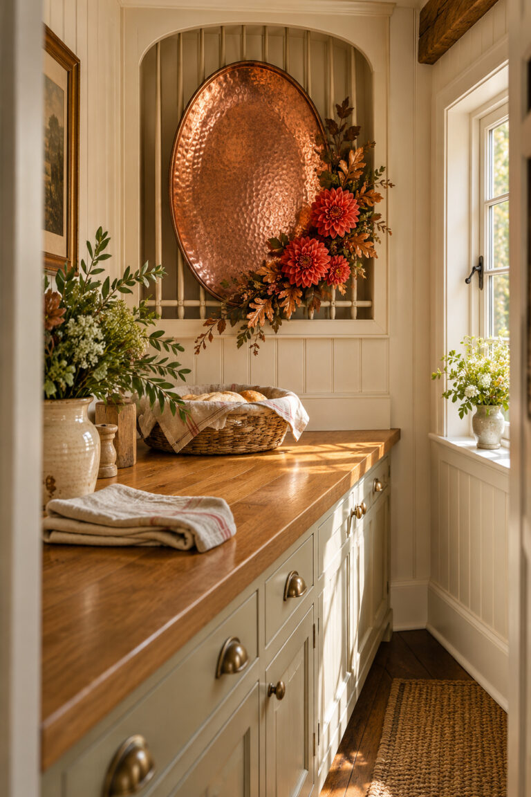 Thanksgiving copper platter and coral flowers above a bread basket with the headline Copper and Dahlias for Thanksgiving