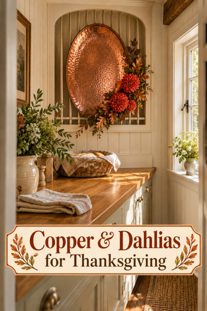 Thanksgiving copper platter and coral flowers above a bread basket with the headline Copper and Dahlias for Thanksgiving