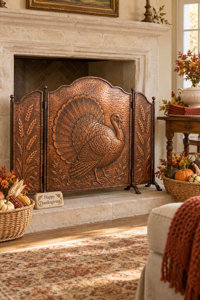 Embossed copper turkey screen in a pale stone fireplace with low baskets of corn and squash and a Thanksgiving sign