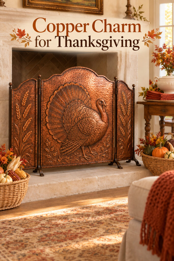 Copper Charm for Thanksgiving headline above a turkey relief screen and harvest baskets on a stone hearth