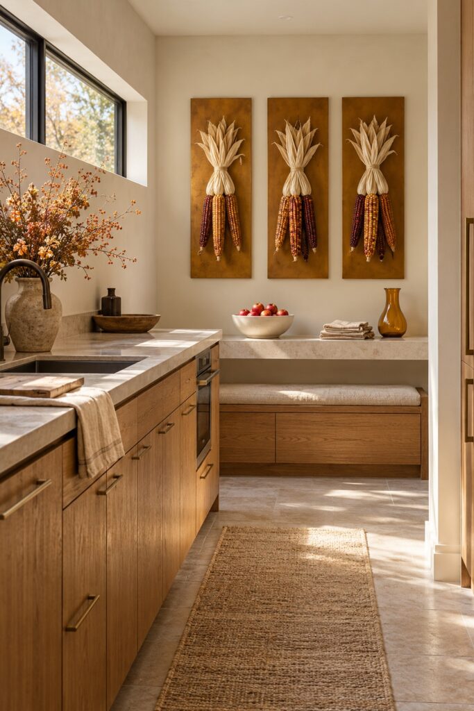 Three dried corn bundles hang against amber panels above a kitchen ledge with apples and folded linens