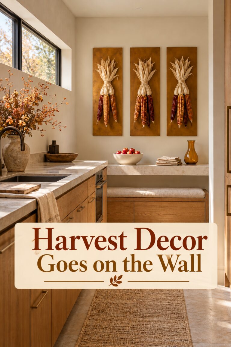 Thanksgiving corn panel display with the words Harvest Decor Goes on the Wall