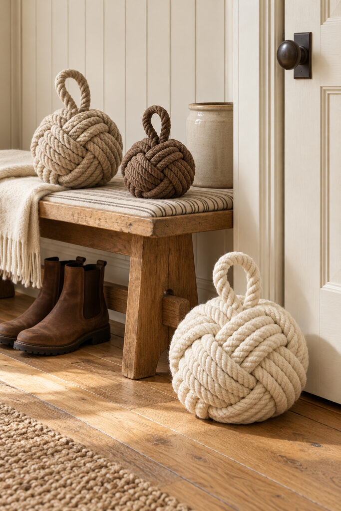 Cotton rope knot doorstops in ivory flax and cocoa sit beside a cream door and on a striped bench pad
