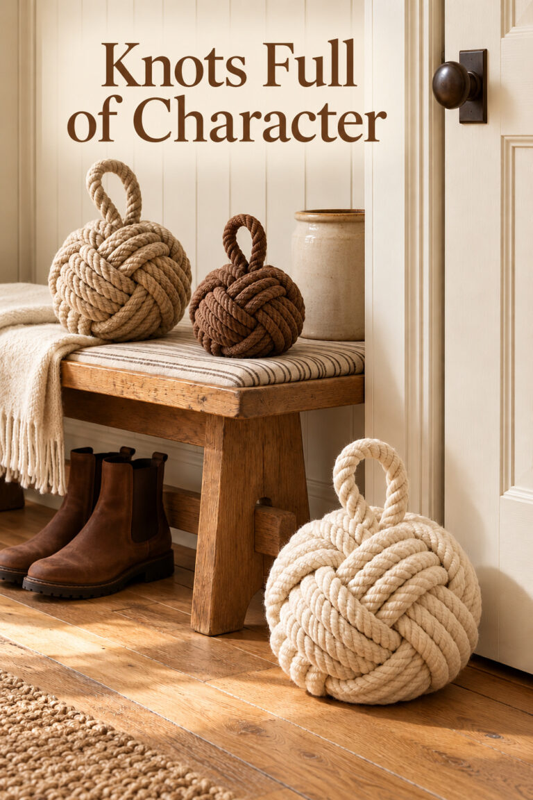 Knots Full of Character headline above rounded cotton rope doorstops in a neutral farmhouse boot room
