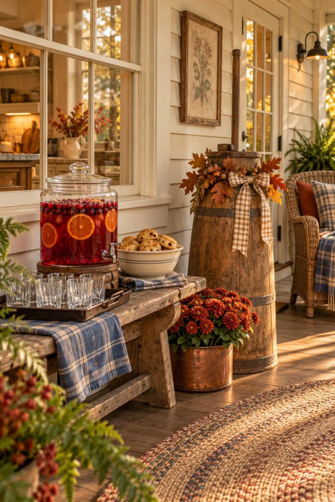 Cranberry drink dispenser and scones beside a decorated wooden butter churn on a farmhouse veranda