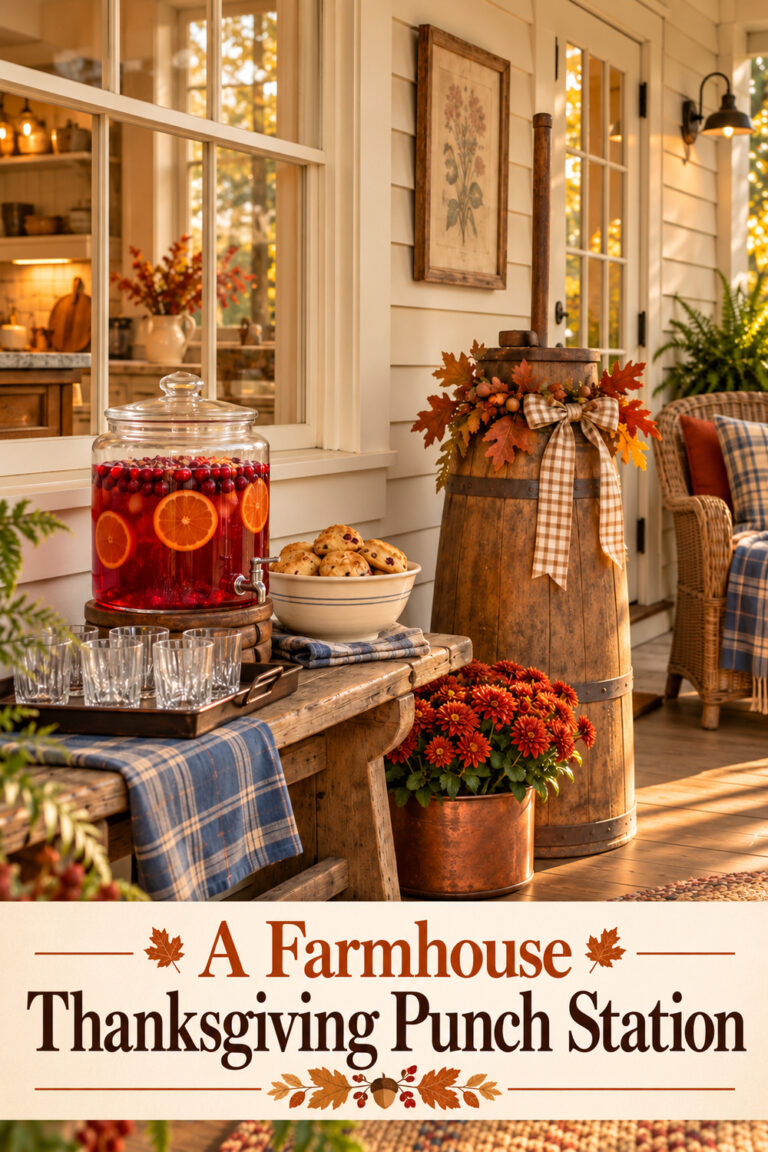 Cranberry drink dispenser and scones beside a decorated wooden butter churn on a farmhouse veranda with the words A Farmhouse Thanksgiving Punch Station