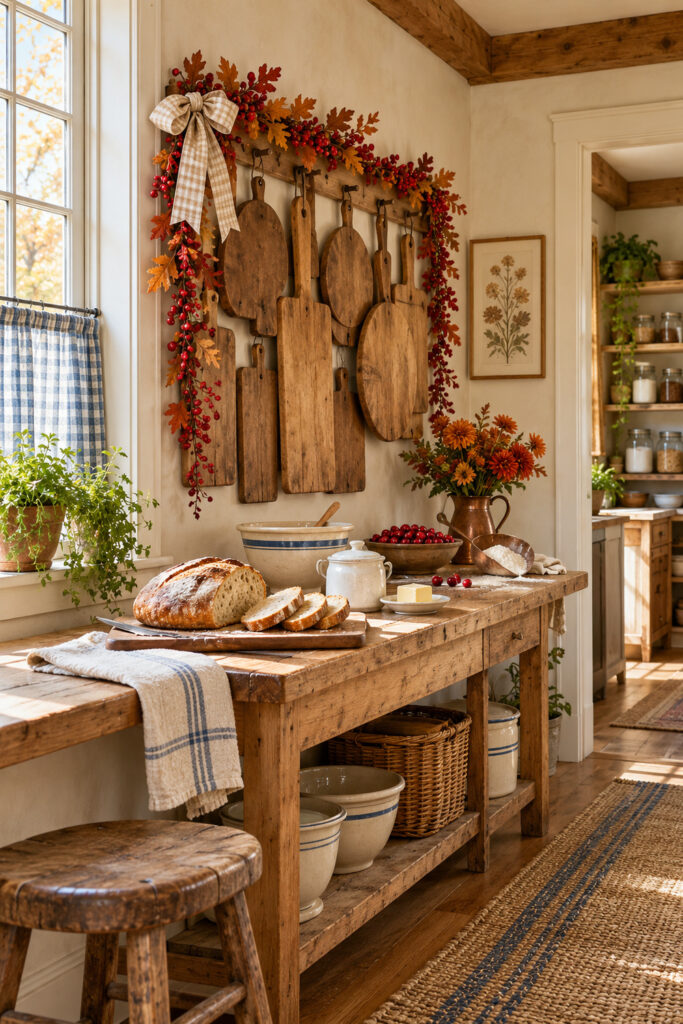 Cranberry and autumn leaf swags framing wooden breadboards above a farmhouse counter with bread cream bowls and a copper flower pitcher