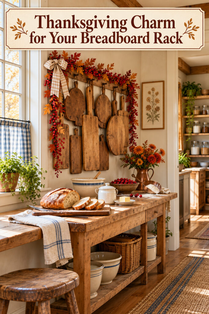 Cranberry and autumn leaf swags framing wooden breadboards above a farmhouse counter with bread cream bowls and a copper flower pitcher with text reading Thanksgiving Charm for Your Breadboard Rack