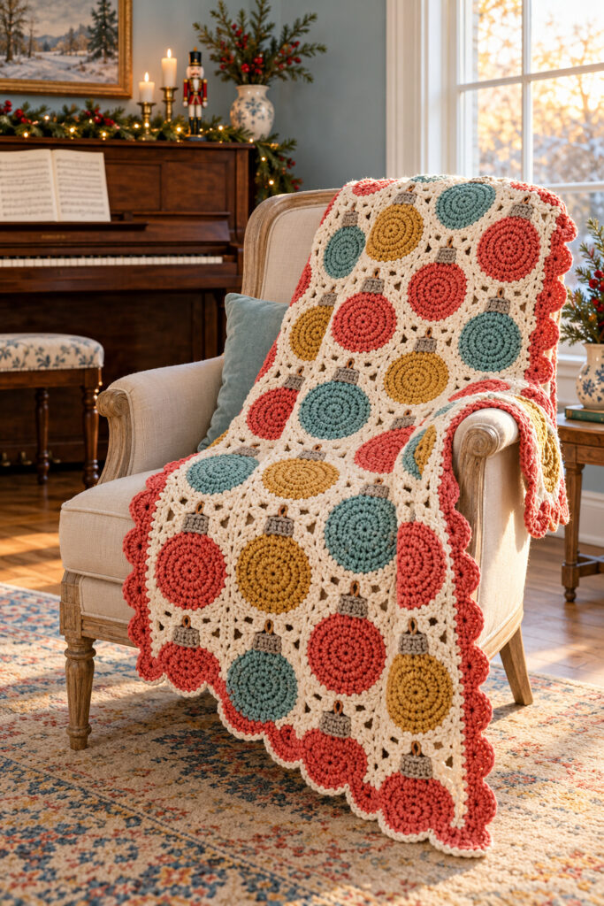 Cream crochet Christmas throw with coral aqua and mustard baubles gray caps and a coral scalloped border draped over a chair