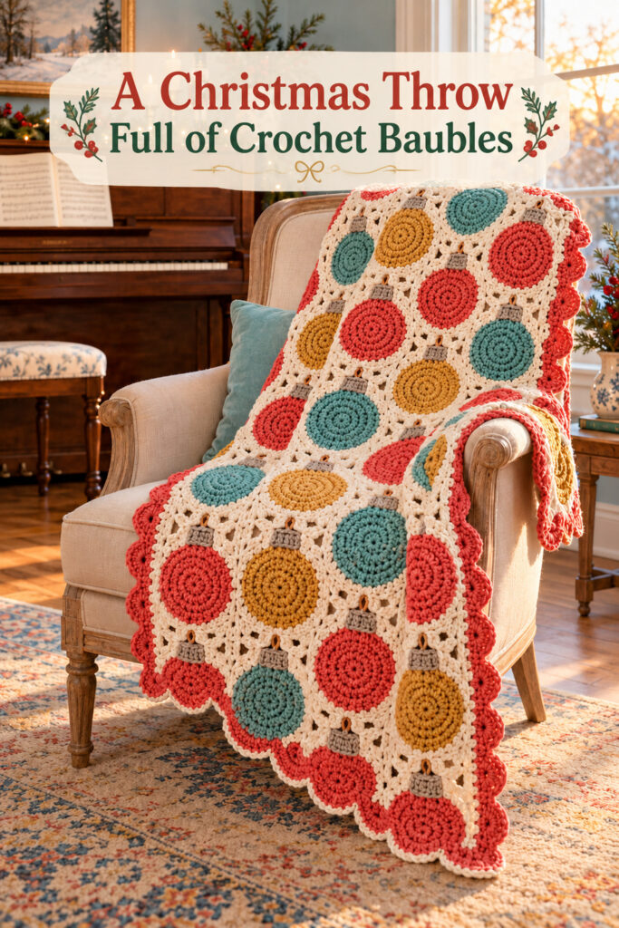 Colorful circular crochet motifs on a cream blanket with text A Christmas Throw Full of Crochet Baubles