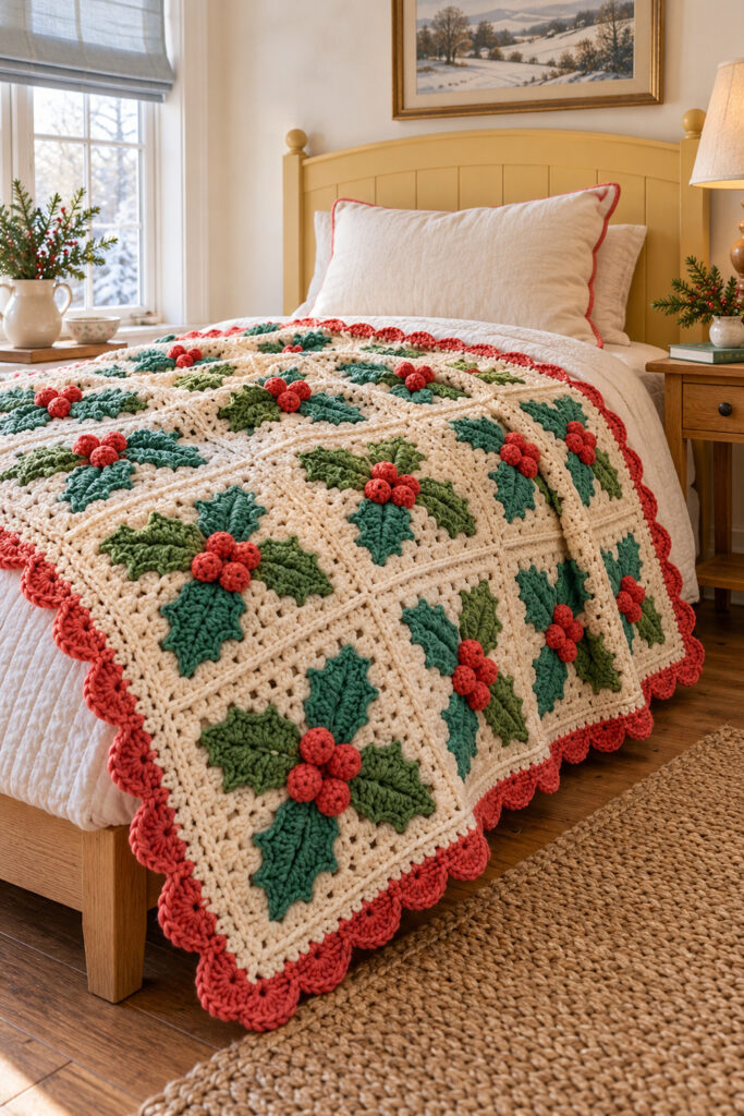 Cream crochet holly throw with raised green leaves coral berries and a scalloped border draped over a guest bed