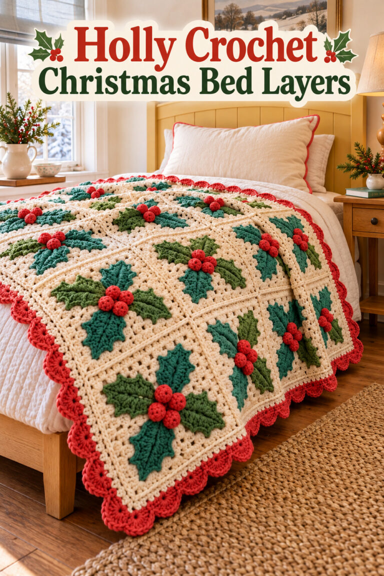 Christmas holly blanket on cream bedding beneath text Holly Crochet Christmas Bed Layers