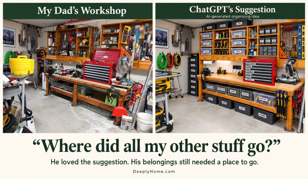 garage workshop before and after images using chatgtp to provide organization suggestions
