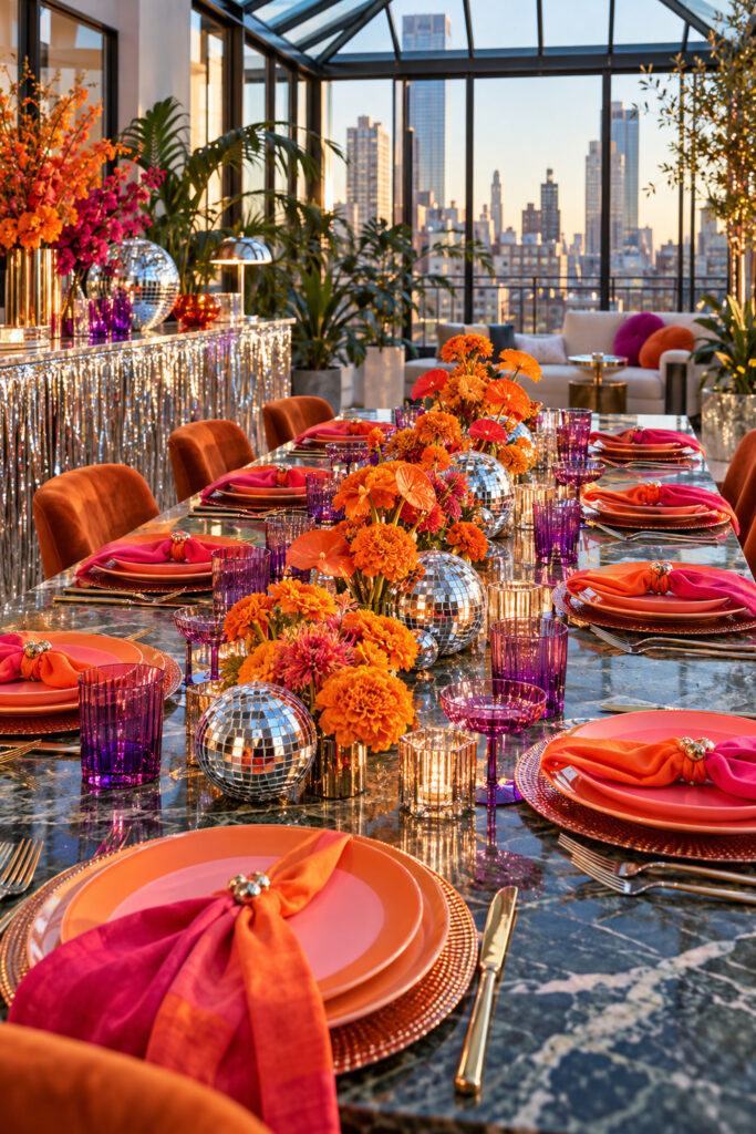 Halloween party table with low mirror balls orange flowers violet glasses coral plates and pink and orange napkins