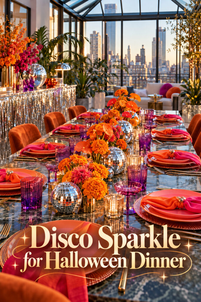 Disco Sparkle for Halloween Dinner text over a colorful long table with silver spheres orange flowers and purple glassware