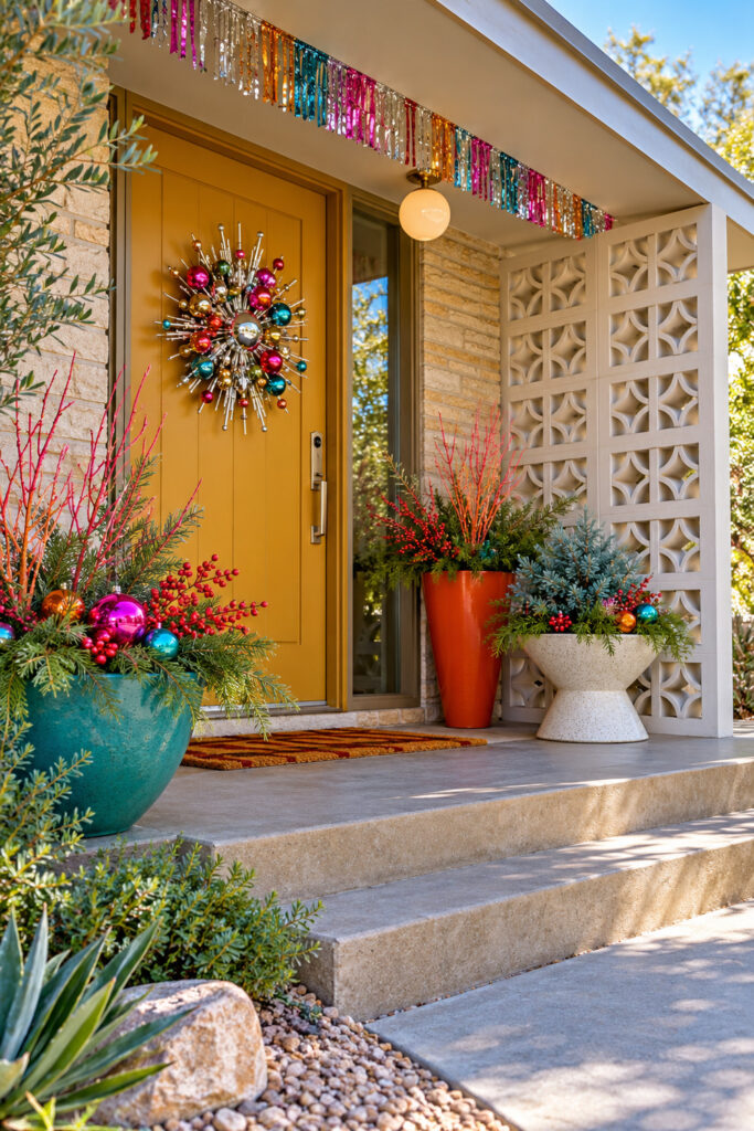 Starburst ornament wreath on an ochre door with colorful roofline fringe and evergreen planters on a sheltered ranch porch