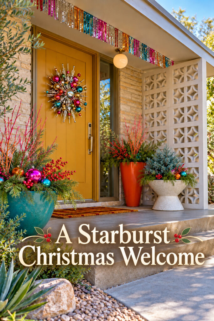 A Starburst Christmas Welcome text across a porch with a metallic wreath pink and teal ornaments and varied evergreen planters